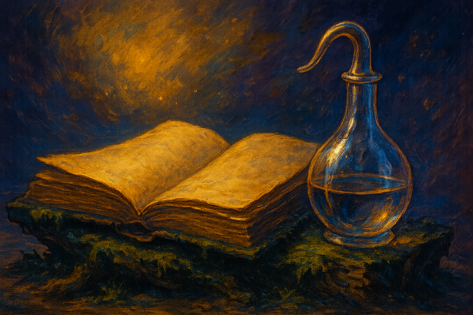 Painterly image of an open book and alembic on mossy ground under a dark, starry sky.
